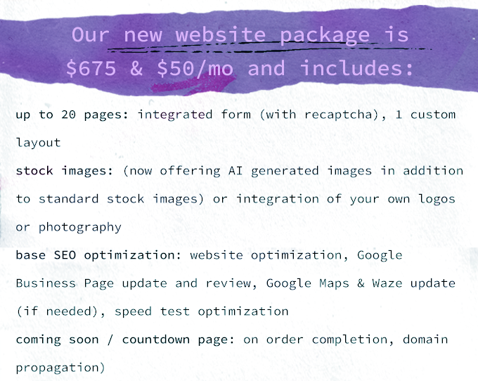 Our new website package includes 20 pages, stock images, seo optimization, domain and dns services, SSL, whois, and dedicated developer hours per month with a 24 7 request portal coming soon